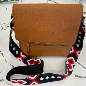 Classic Tan PVC Vegan Crossbody Bag Embroidered Strap EUC Small Spots Inside